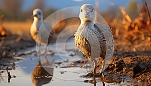 Duckling standing on grass, looking at camera, cute and small generated by AI