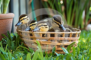 duckling trio snuggled in a wicker basket on green grass