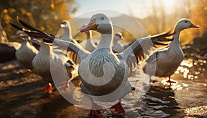 Duckling waddling in meadow, nature beauty at dawn generated by AI