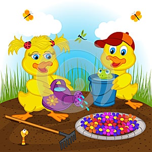 Ducklings boy and girl watering flowers