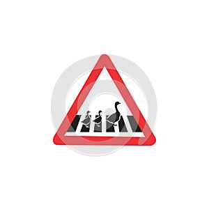 Ducks crossing road red triangle warning sign vector