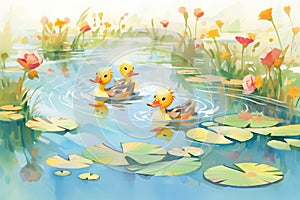 ducks and ducklings navigating through pond lilies