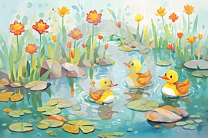 ducks and ducklings near a lily pond