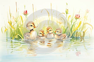 ducks and ducklings on water with reeds in the background