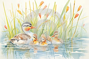 ducks and ducklings on water with reeds in the background