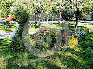 Ducks flower made sculpture at the Silesian Park in Chorzow, Poland