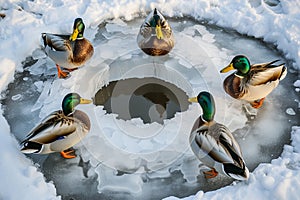 ducks gathering in a naturally formed ice ring in pond