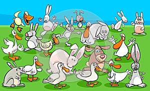 Ducks and rabbits farm animal characters group