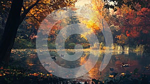 Ducks Swimming in a Serene Autumn Forest Pond