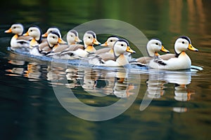 ducks swimming together in a row in a pond