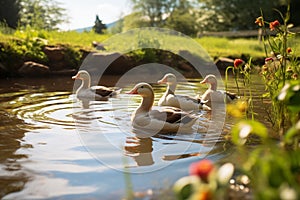 Ducks swimming in a tranquil pond on the farm, quacking softly as they paddle around peacefully. Generative AI
