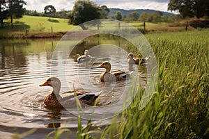 Ducks swimming in a tranquil pond on the farm, quacking softly as they paddle around peacefully. Generative AI