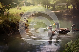 Ducks swimming in a tranquil pond on the farm, quacking softly as they paddle around peacefully. Generative AI
