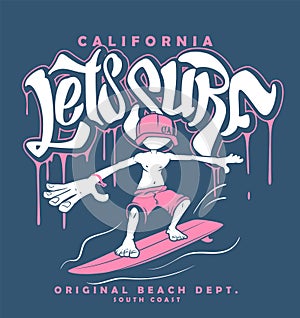 Dude on surfboard and lettering, illustration for t-shirt print. photo