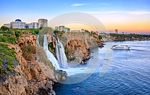 Duden coast waterfalls, Antalya, Turkey, on sunset