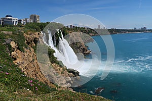 Duden Waterfall in Antalya and the Mediteranian Sea in Turkey