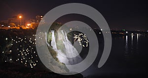 Duden waterfall at night in Antalya, Turkey with magic lights around. Travel destination