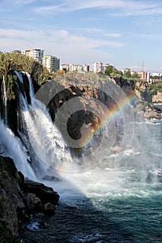 Duden Waterfalls with rainbow and blue sky