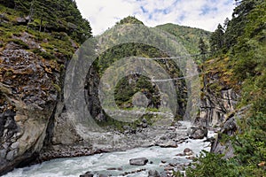 Dudh Koshi River and double Suspension Bridge