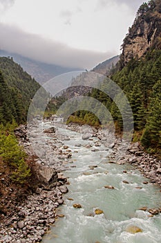 Dudh Koshi snow river in mountain valley in Nepal