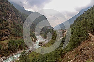 Dudh Koshi snow river in mountain valley in Nepal