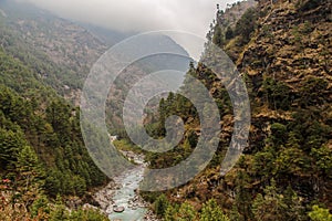 Dudh Koshi snow river in mountain valley in Nepal