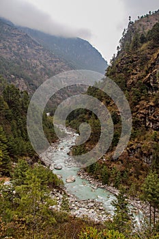 Dudh Koshi snow river in mountain valley in Nepal