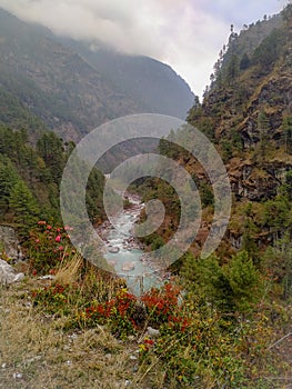 Dudh Koshi snow river in mountain valley in Nepal