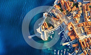 Dudrovnik, Croatia. Aerial view on the old town. Vacation and adventure. Town and sea. Top view from drone at on the old castle an