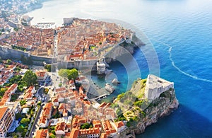 Dudrovnik, Croatia. Aerial view on the old town. Vacation and adventure. Town and sea. Top view from drone at on the old castle an