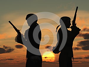 Duellists silhouetted against the rising sun photo