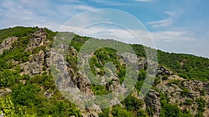 Duernstein - Panoramic view of rock formations in idyllic wine growing region of Wachau in Krems an der Donau