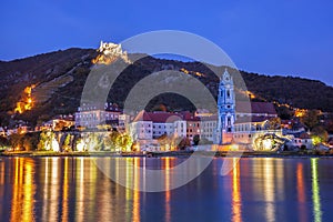 DUERNSTEIN VILLAGE IN THE EVENING WITH DANUBE RIVER IN AUSTRIA