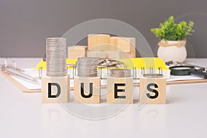 DUES text on wooden cube blocks with coins above