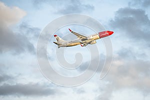 Dusseldorf , Germany - October 05 2017: Norwegian airlines Boeing 737 starting at Dusseldorf Airport