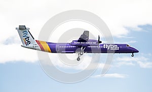 Duesseldorf , Germany - October 05 2017: Flybe Bombadier Dash 8 Q400 landing at Dusseldorf Airport