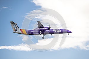 Duesseldorf , Germany - October 05 2017: Flybe Bombadier Dash 8 Q400 landing at Dusseldorf Airport