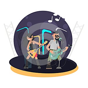 Duet of musicians with bass guitar and lead singer with a guitar on stage color flat illustration