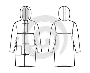 Duffle coat technical fashion illustration with hood, long sleeves, oversized body, knee length, patch pockets, toggle