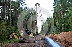 A Dug trench in the ground for the installation and installation of industrial gas and oil pipes. t.Crawler crane with side boom