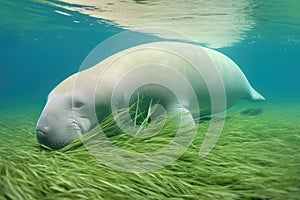 a dugong grazing seagrass underwater