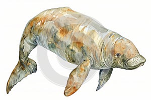 Dugong,  Pastel-colored, in hand-drawn style, watercolor, isolated on white background