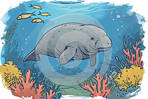 Dugong or sea cow in the blue warm sea against the backdrop of corals. photo
