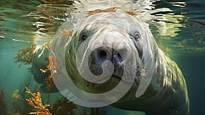 Dugong swimming underwater , photo realistic , AI generated