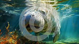 Dugong swimming underwater , photo realistic , AI generated