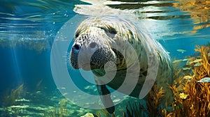 Dugong swimming underwater , photo realistic , AI generated