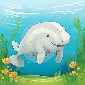 dugong swims among the coral reefs, symbolizing the beauty and fragility of ocean ecosystems.