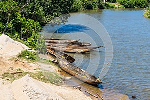 Dugout wooden boats on the river, Madagascar