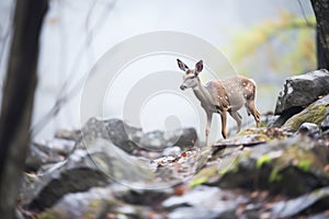 duiker cautiously navigating rocky terrain