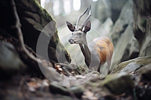 duiker cautiously navigating rocky terrain